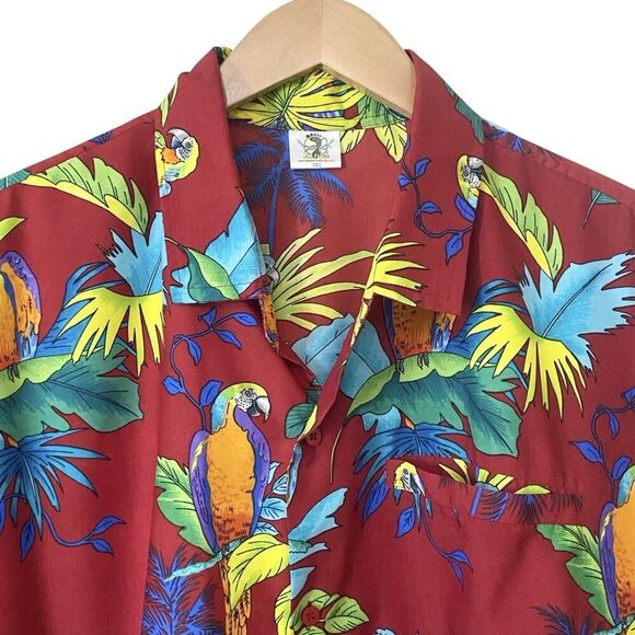 Barefoot Attitude Mens Size 3XL Button Up Shirt Parrot Tropical Red Burgundy - Picture 2 of 9